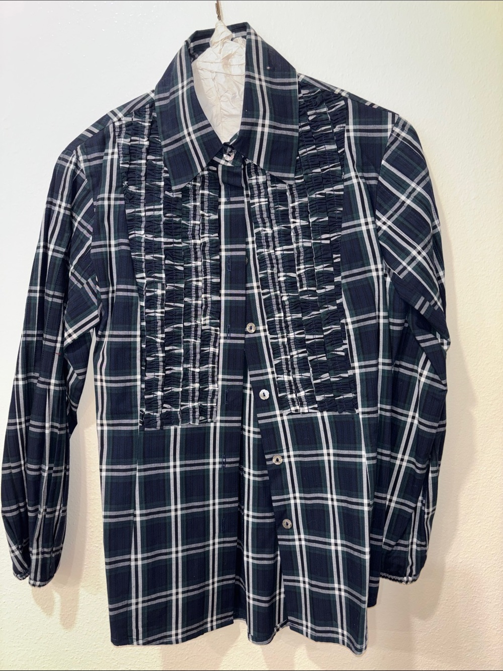 Women’s Navy, Dark Green & White Plaid Shirt with Ruffle/Pintuck Detai
